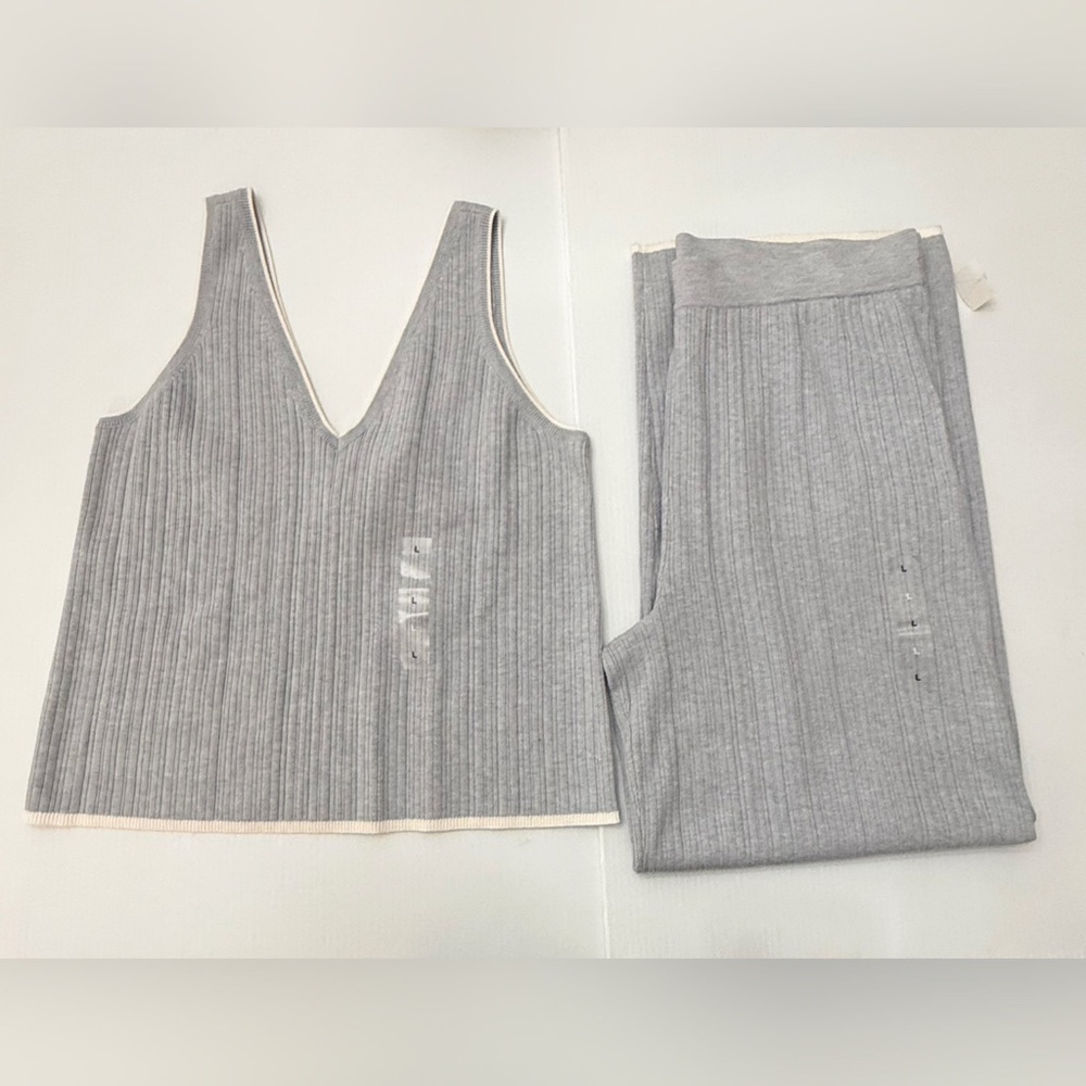 State of Day Ribbed Knit Tank and Pants Lounge Set Light Blue/Gray Size Large